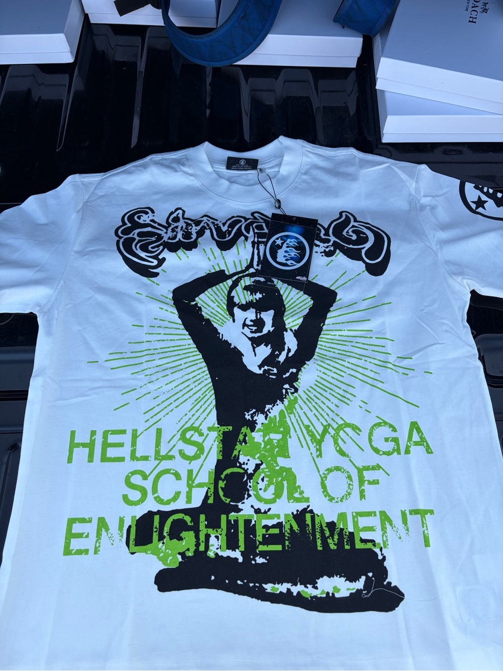 White Graphic Short Sleeve Tee with Neon Green Yoga Print